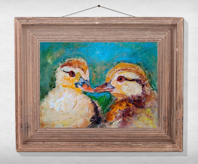 アヒルのカップルオリジナルの油絵、鳥好きのギフト、動物の壁の