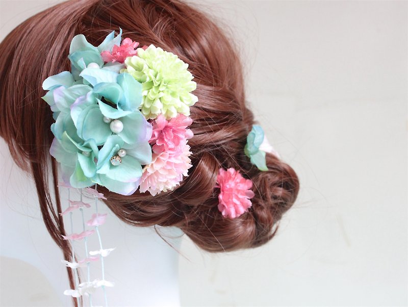 手工串珠日式 和服浴衣頭飾 髮簪 -5件套- 賞櫻(客製化,請先查詢) - 髮飾 - 植物．花 多色