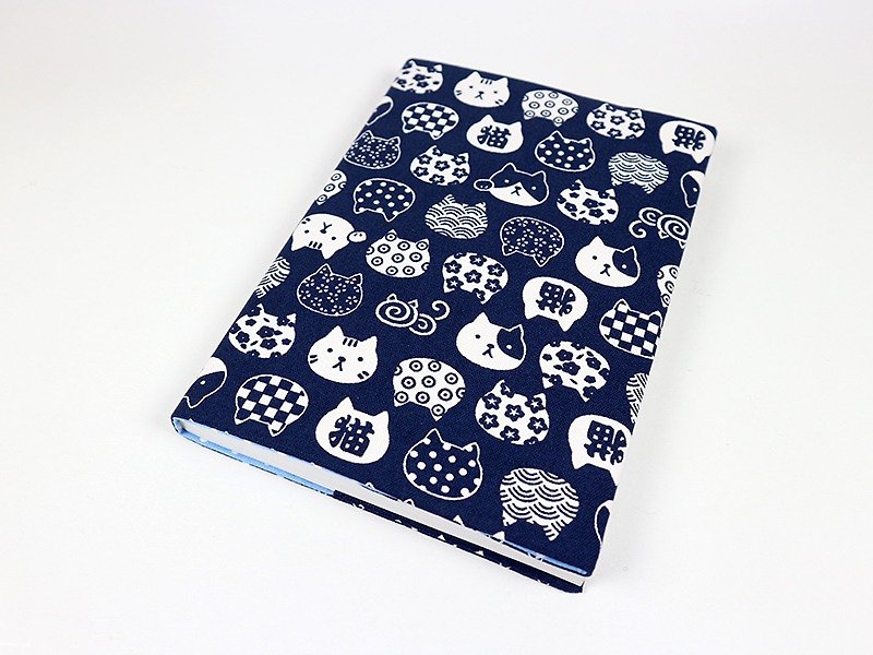 A5 サイズ調節可能な母の手帳布製ブックカバー - 猫の顔 (ブルー) - ブックカバー - コットン・麻 ブルー