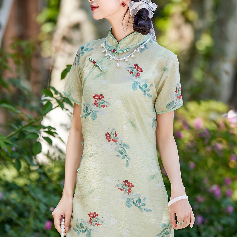 Retro printed green flower printed ancient cheongsam new Chinese style national style Spring Festival improved dress dress - Qipao - Other Man-Made Fibers Green