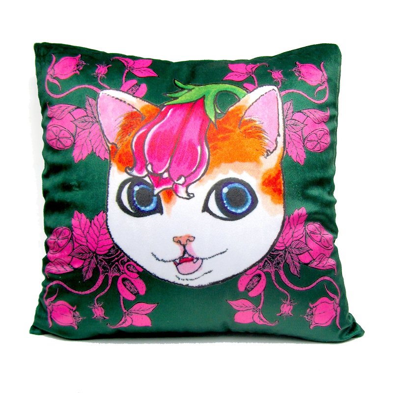 GOOKASO 墨綠色 紫草貓咪頭像抱枕CUSHION 枕套 枕芯 套裝 可拆洗 - 枕頭/抱枕 - 聚酯纖維 綠色