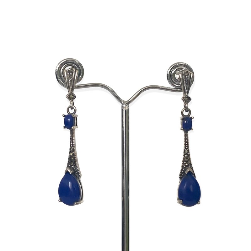 Art Deco Style Long Teardrop Earrings Lapis Lazuli&Marcasite 925 Sterling Silver - 耳環/耳夾/耳骨夾 - 純銀 藍色
