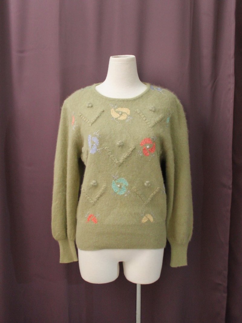 Vintage Japanese Forest Cute Flower Three-dimensional Ball Powder Green Angora Wool Vintage Knit Sweater - Women's Sweaters - Wool Green