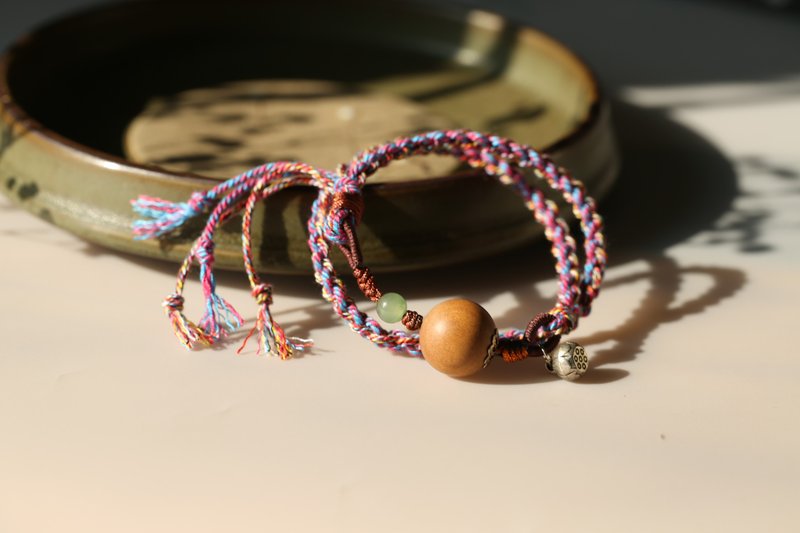 [Sandalwood bracelet] 2 circles/adjustable size/cotton and linen rope hand-woven bracelet/vintage - Bracelets - Wood Khaki