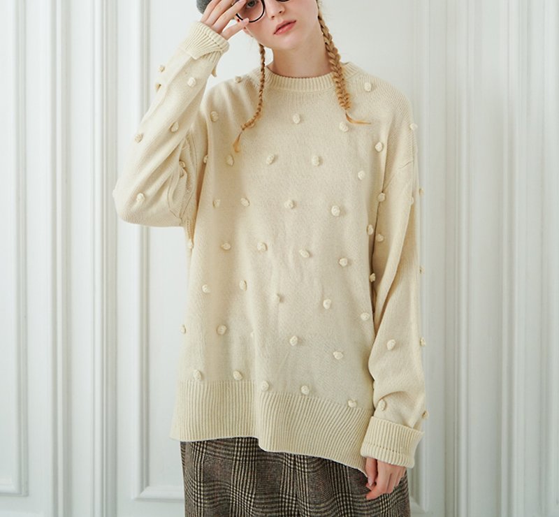 Apricot Snowball Long Sleeve Sweater-imakokoni - Women's Tops - Other Materials Khaki