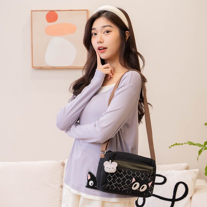 Little Black Cat and Mouse multi-layer easy going out bag crossbody/side backpack [810202] - กระเป๋าแมสเซนเจอร์ - ผ้าฝ้าย/ผ้าลินิน สีดำ