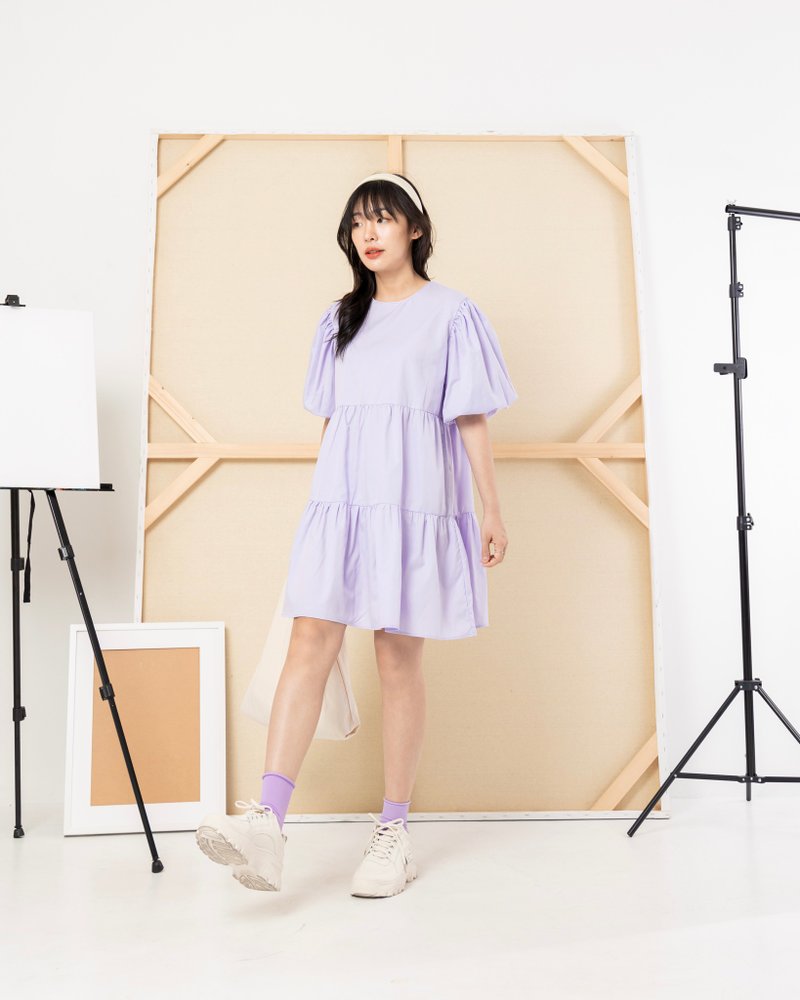 PURPLE PUFF SLEEVE OVERSIZED DRESS - 洋裝/連身裙 - 棉．麻 紫色