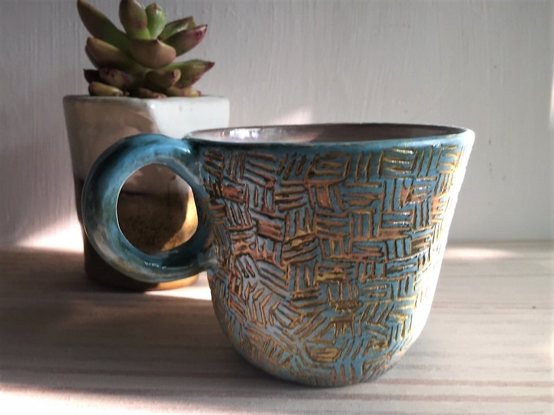 織った青写真のコーヒーカップ（売り切れ、再製）_陶器のマグカップ - マグカップ - 陶器 ブルー