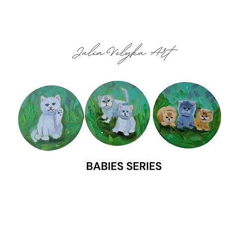 Julia Velyka Art Original Oil Painting Kittens Cats Small Round Decor for Nursery Baby Gift