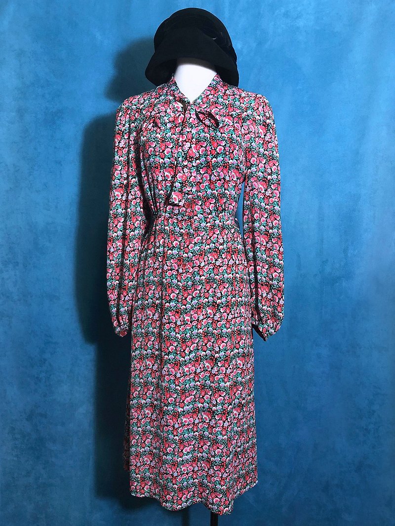 Spring flower bow tie long sleeve vintage dress / abroad brought back VINTAGE - One Piece Dresses - Polyester Red