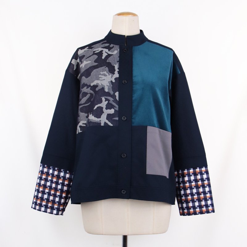 ブルー/カモフラージュブルーベロア - スタンドカラーフェイクレイヤードパッチワークジャケット #U1159 - ジャケット - コットン・麻 ブルー