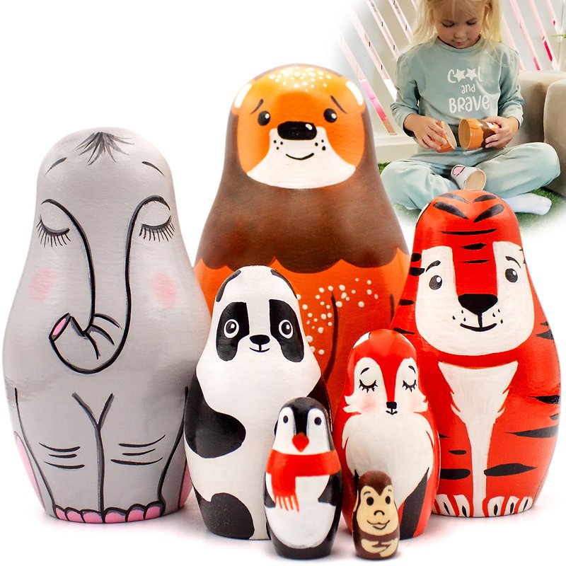 動物園の動物の入れ子人形セット 7 個 - かわいい動物のフィギュアとしてのロシア人形 - 知育玩具・ぬいぐるみ - 木製 多色