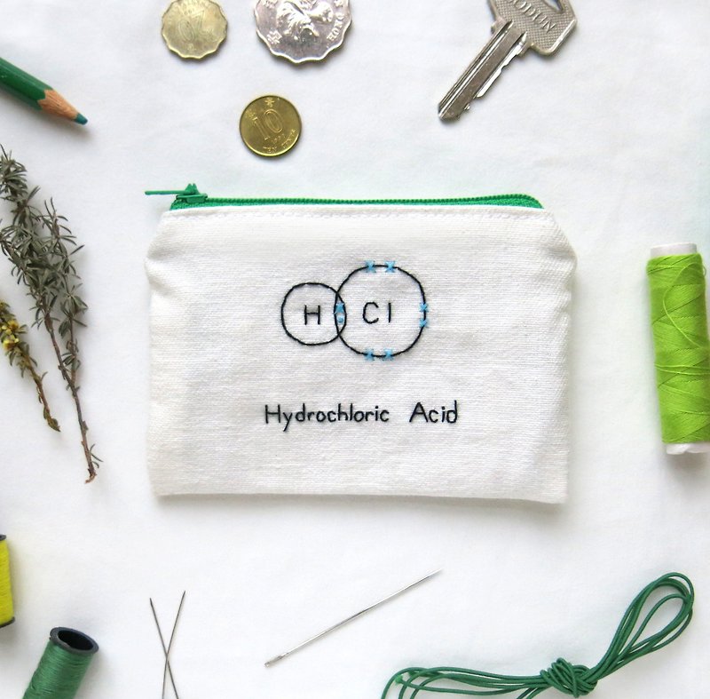 鹽酸 HCl / 化學系 零錢包 筆袋 / 客製化 - 零錢包/小錢包 - 繡線 綠色