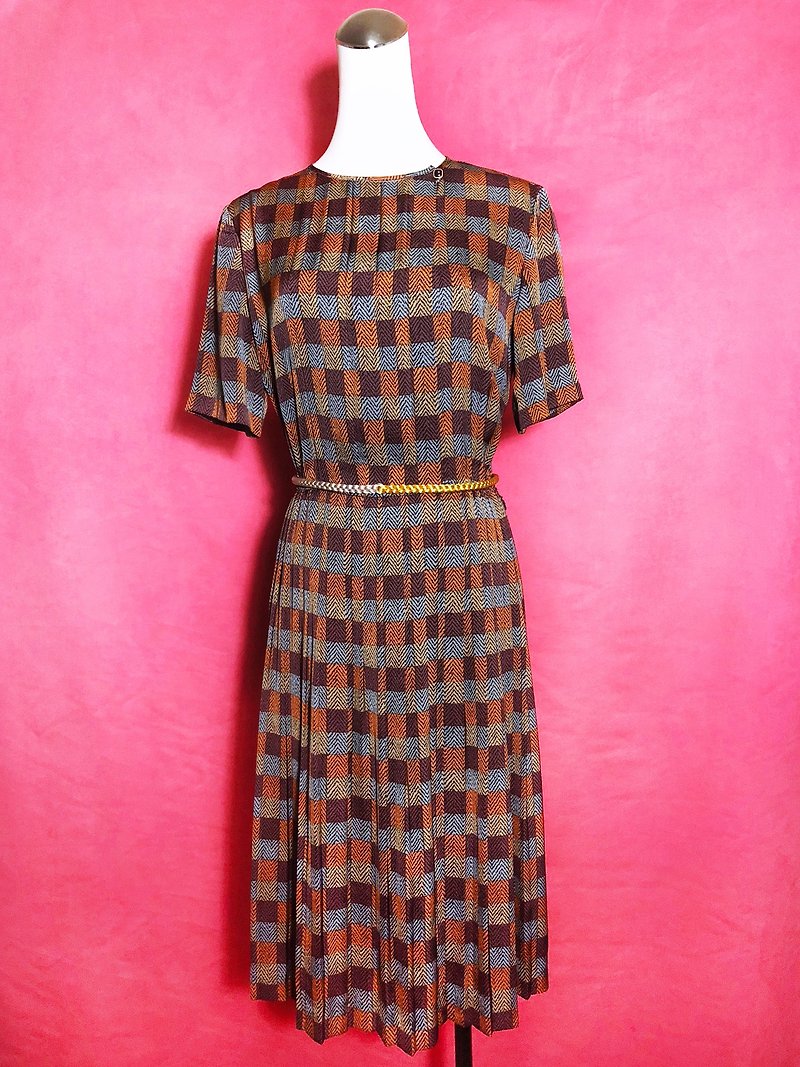 Vintage Plaid Sleeve Vintage Dress / Foreign Return to VINTAGE - One Piece Dresses - Polyester Brown