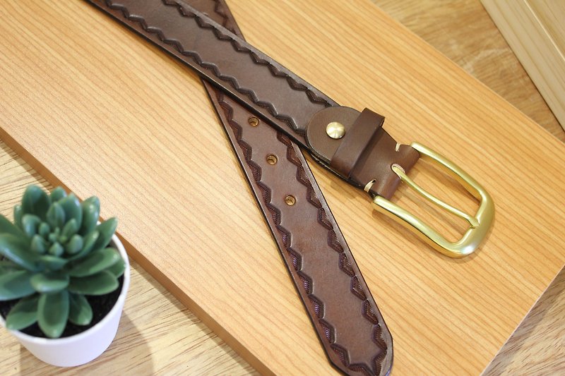 [Mini5] Simple hand embossed belt (brown)/hand dyed vegetable tanned cowhide 3.2cm wide belt - Belts - Genuine Leather 