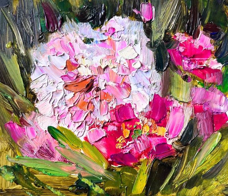 Pion Painting Floral Original Art Realism Art Impasto Oil - โปสเตอร์ - วัสดุอื่นๆ สีม่วง