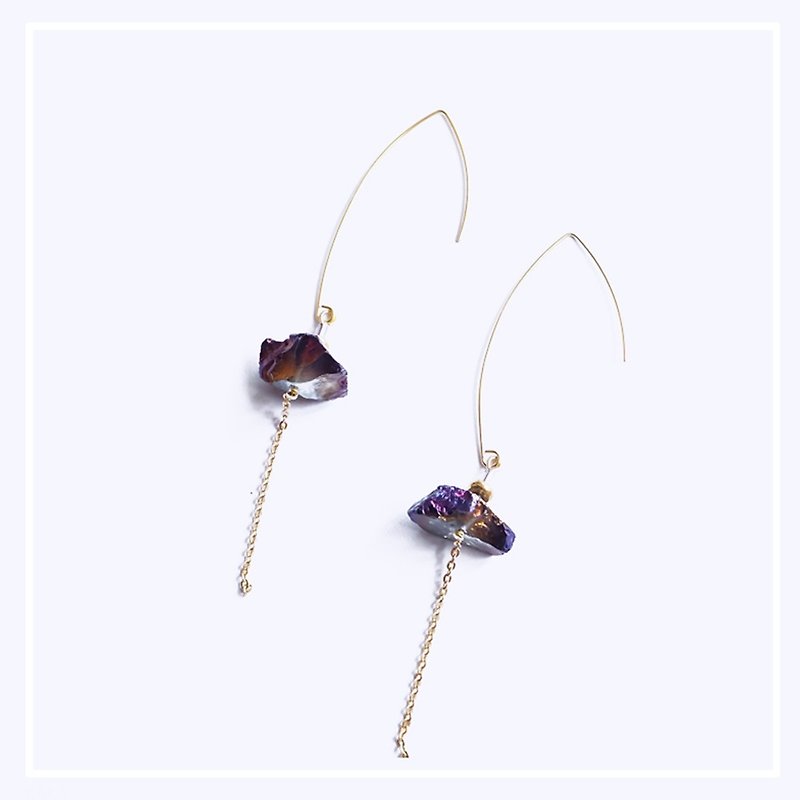 Midnight Barcelona personality electro-optical amethyst crystal 18k gold-plated thick gold long earrings - ต่างหู - คริสตัล สีม่วง