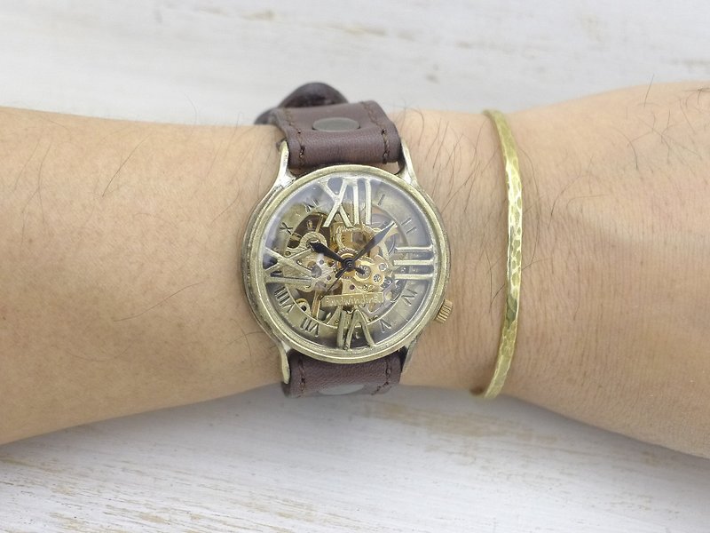 手作り腕時計 BHW121 手巻きBrass(真鍮)36mm ローマ数字フローティング ミシンステッチベルト - 女裝錶 - 銅/黃銅 金色