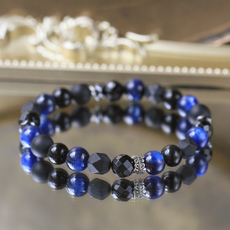 Kyanite Stone black agate male and female models sterling silver crystal bracelet to avoid evil health and prosperity 8mm - Bracelets - Crystal Blue