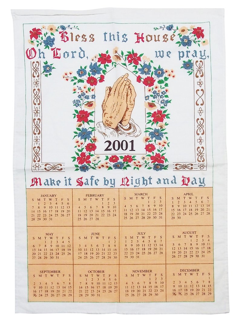 2001年アメリカの初期の布カレンダーの祈り - ウォールデコ・壁紙 - コットン・麻 ホワイト