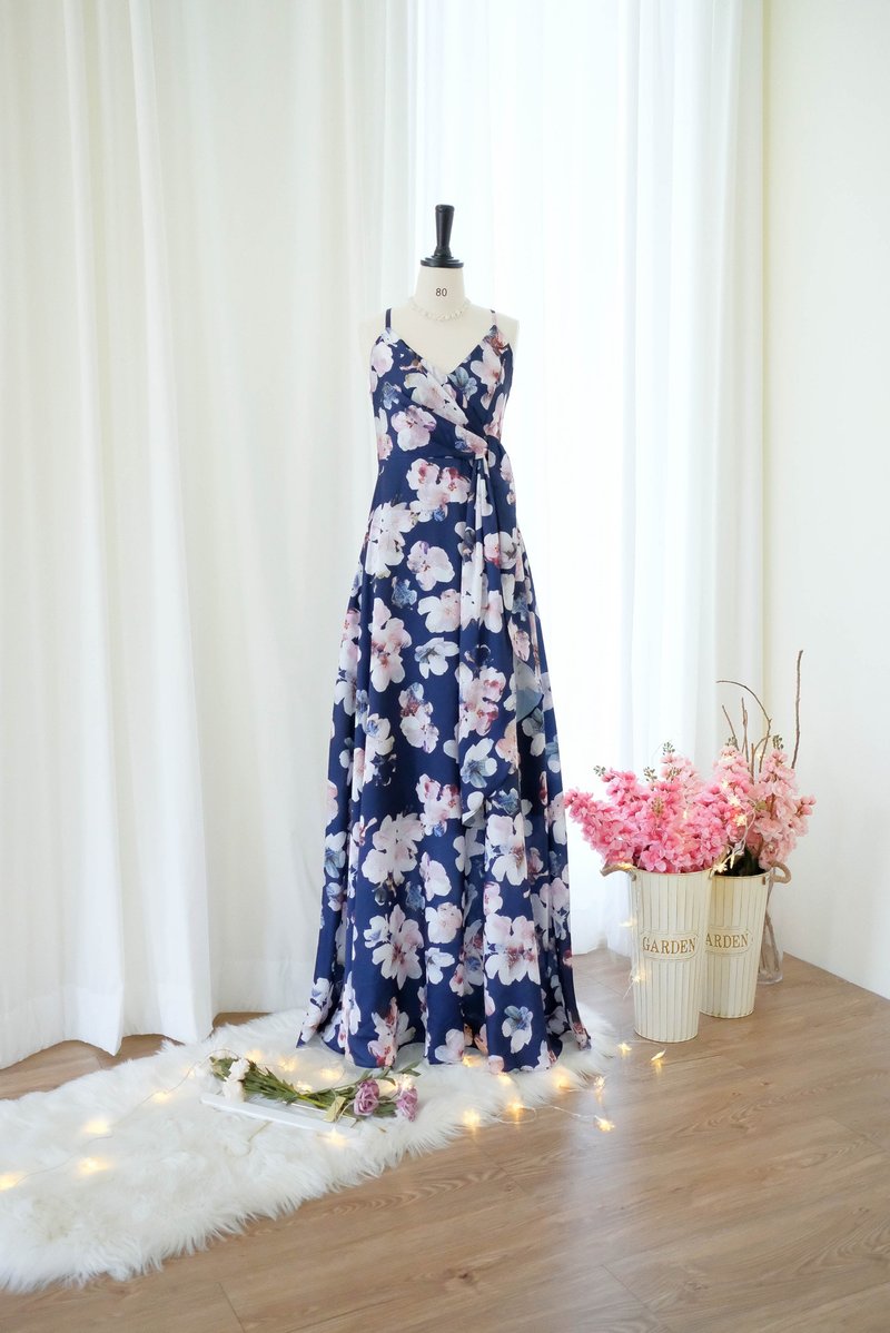 Navy floral Satin bridesmaid maxi dress Cocktail prom wedding party dresses - 洋裝/連身裙 - 聚酯纖維 藍色