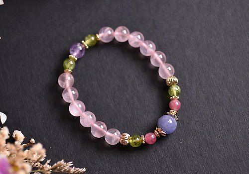 CaWaiiDaisy Handmade Jewelry 粉晶+橄欖石+丹泉石+桃紅碧璽+薰衣草紫水晶鍍金手鍊