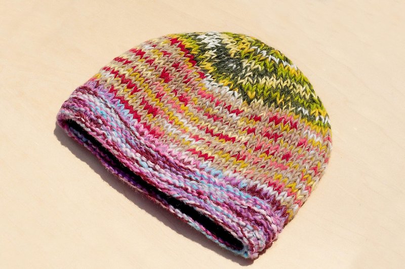 Christmas gift hand-knitted pure wool hat / knitted inner bristle hat / hand knitted wool hat / woolen hat (made in nepal)-gradient rainbow color - หมวก - ผ้าฝ้าย/ผ้าลินิน หลากหลายสี