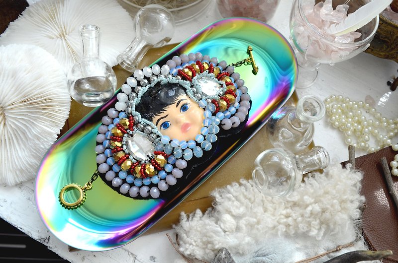 Handmade doll crystal gemstone bead hand with protein crystal beads hand-painted doll head - Bracelets - Gemstone Black
