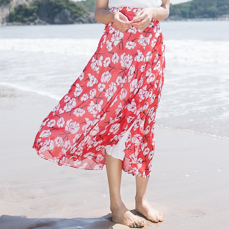 Anne Chen 2017 summer new lady a piece of floral skirt - กระโปรง - ผ้าฝ้าย/ผ้าลินิน สีแดง