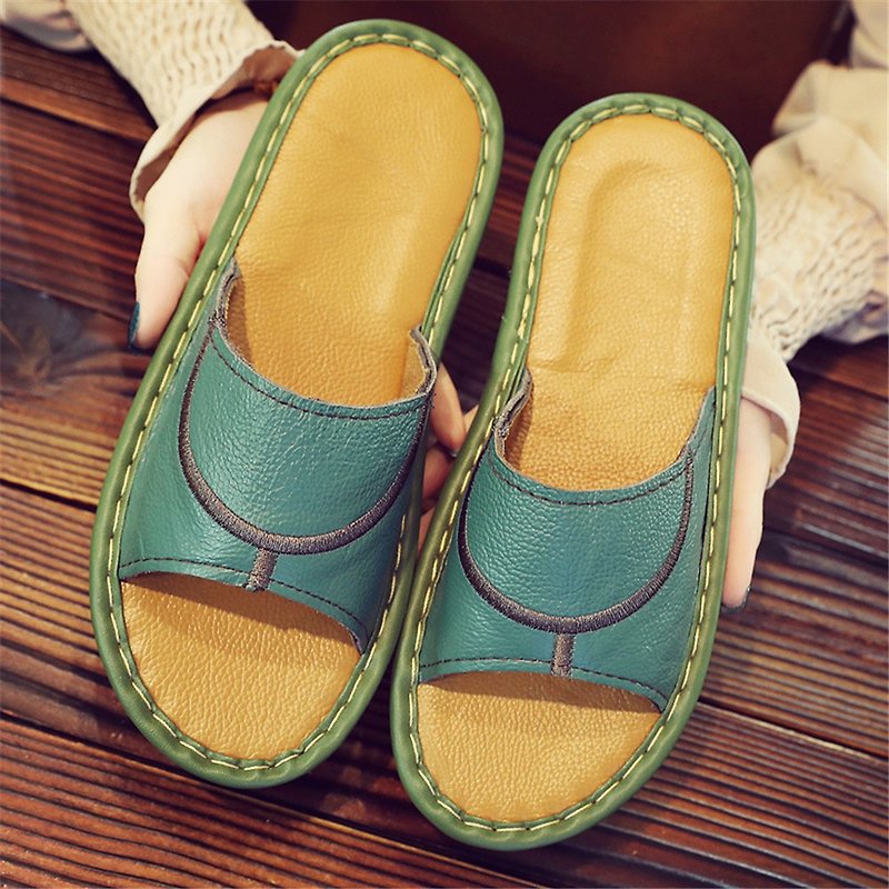 Leather slippers couple indoor home slippers women's slippers 3 - Indoor Slippers - Genuine Leather Green