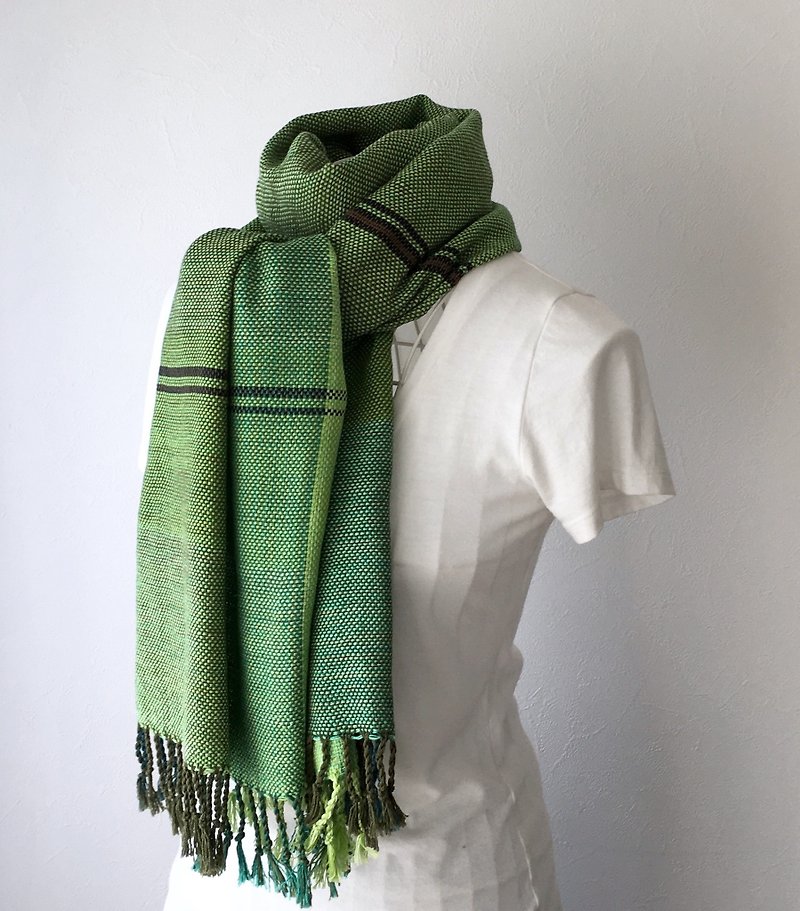 【綿：オールシーズン】手織りストール "Stripe Green 3" - スカーフ - コットン・麻 グリーン