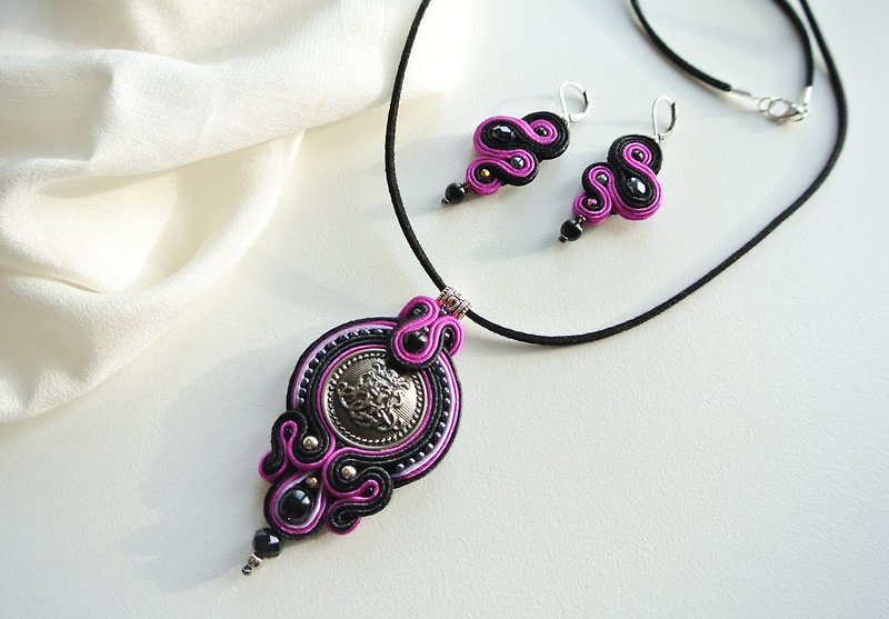 Other Materials Long Necklaces Purple - Boho necklace and earrings set, Black Purple Ethnic Mandala Necklace Bohemian