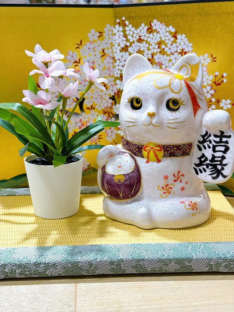 【桃色結緣】日本清水燒招財貓 | 達摩花結晶 - 桃結緣 - 擺飾/家飾品 - 瓷 粉紅色