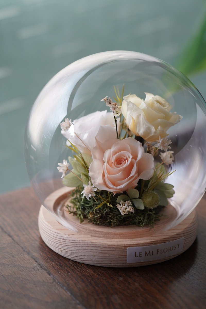 【客製化禮物】3朵永生玫瑰玻璃罩 鐘罩 乾燥花 尺寸適合放在桌上 - 乾燥花/永生花 - 植物．花 綠色