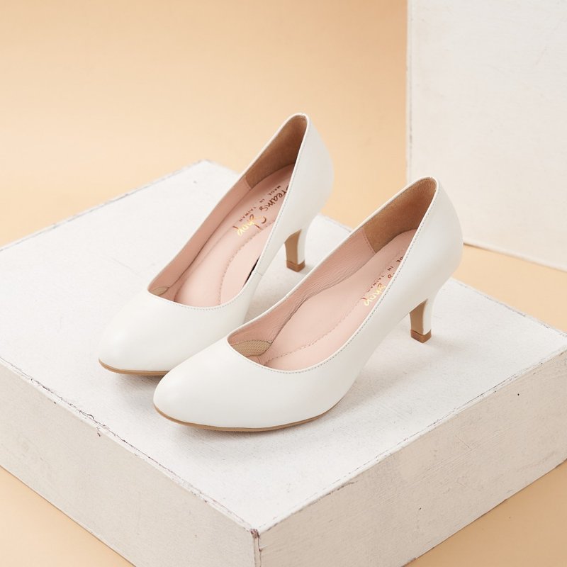 Air cushion_plain round toe high heels white - รองเท้าส้นสูง - หนังแท้ ขาว