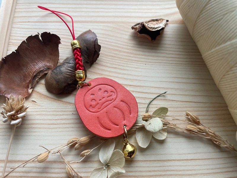 Genuine vegetable tanned leather Daruma peace charm small pendant New Year gift - Lanyards & Straps - Genuine Leather 