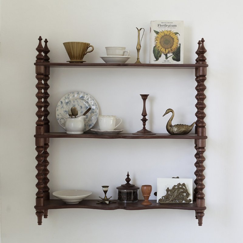 French Medieval Black Walnut Shelf Hanging Wall/Desktop Storage Retro Cup and Plate Utensils Display Rack - Storage - Wood Brown