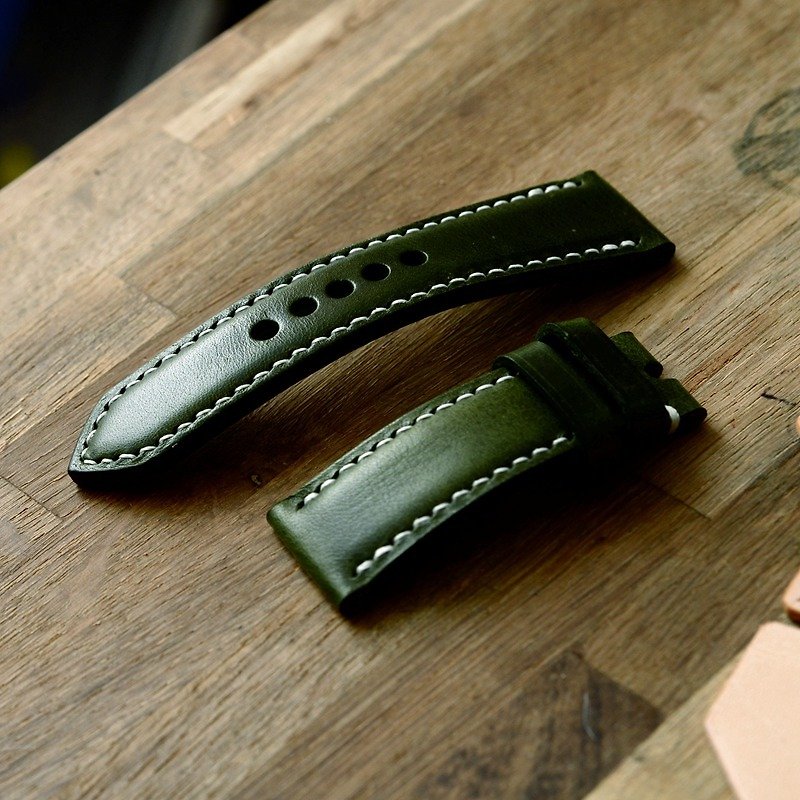 Cans hand-made pure handmade real leather strap custom dark green Carlo Wax Wax vegetable tanning - นาฬิกาผู้หญิง - หนังแท้ สีเขียว