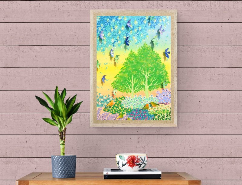 Only one piece [Two Trees] Original Painting Acrylic Art Interior Collection Bird Landscape Wall Hanging Forest - โปสเตอร์ - ไม้ สีเหลือง