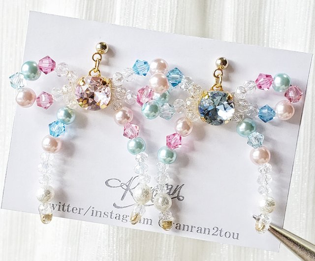 ピアスイヤリング beads ribbon - Shop Ranran Earrings & Clip-ons