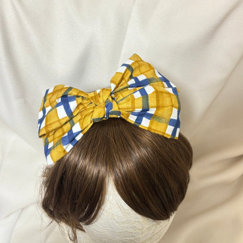 Japanese watercolor checkered | intertwined bow headband - Hair Accessories - Cotton & Hemp Pink