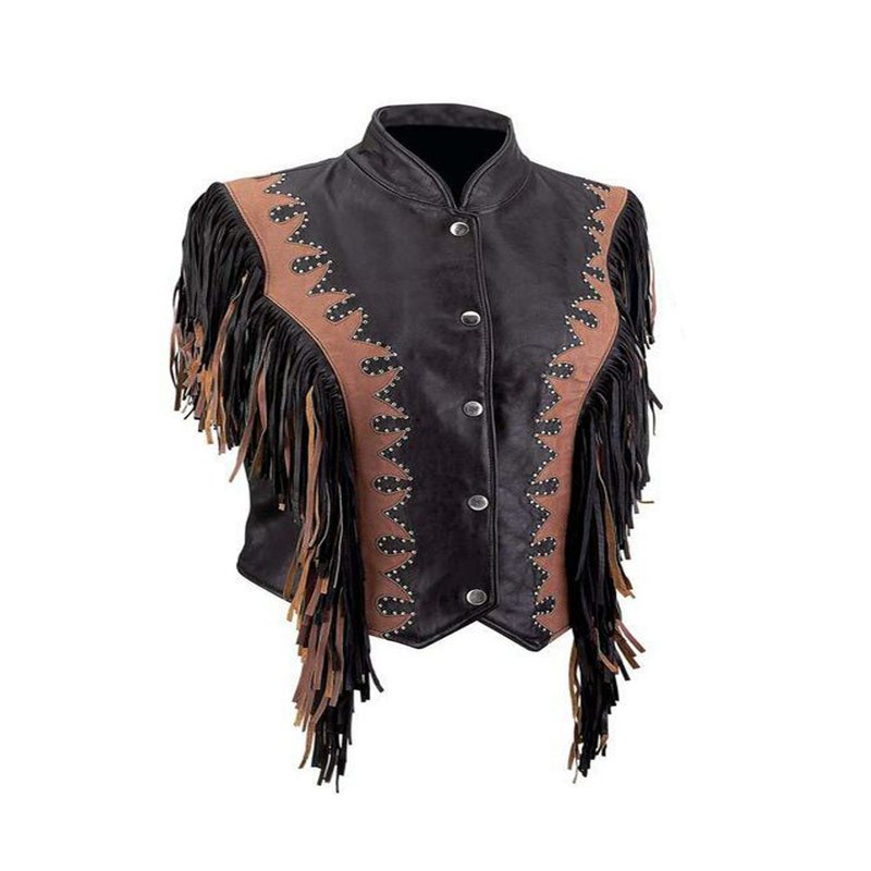 Ladies Euro Collar Fringe Vest - 背心/無袖上衣 - 真皮 黑色