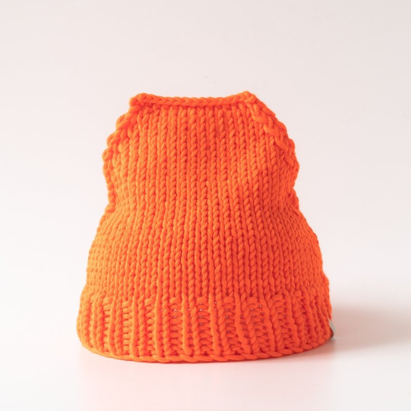 OTB113 梯型手工編織毛帽－螢光橘 - 帽子 - 棉．麻 橘色