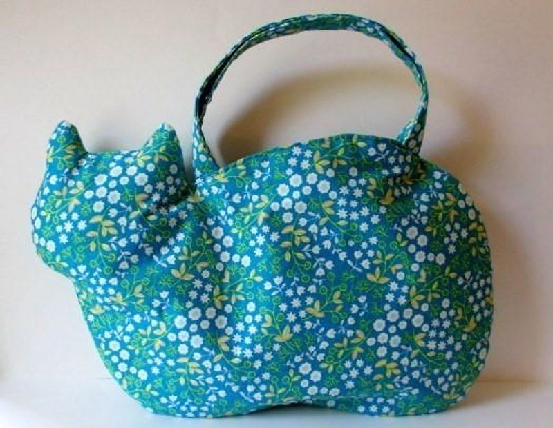 Cat Bag Green Floral Pattern - กระเป๋าถือ - ผ้าฝ้าย/ผ้าลินิน สีเขียว