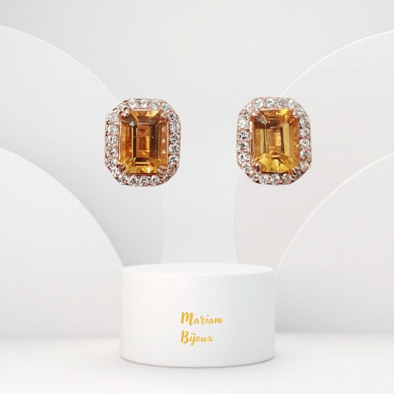 Citrine earrings, surrounded by white topaz gemstones, 925 Silver - 耳環/耳夾/耳骨夾 - 寶石 黃色