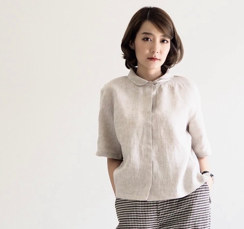 Short Sleeves Linen : Ally Blouse - 女襯衫 - 棉．麻 卡其色