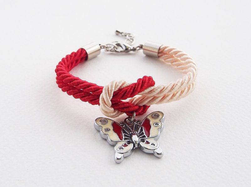 Red and Cream tie the knot bracelet with butterfly charm - สร้อยข้อมือ - วัสดุอื่นๆ สีแดง