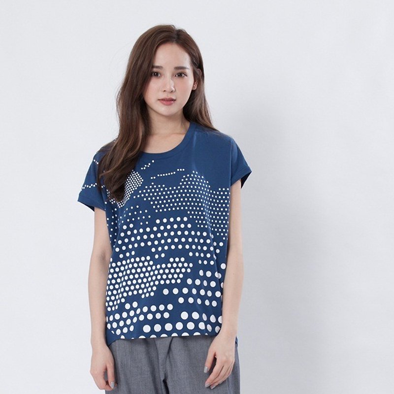 Light dot short wide t-shirt / Dark blue - Tシャツ - コットン・麻 ブルー