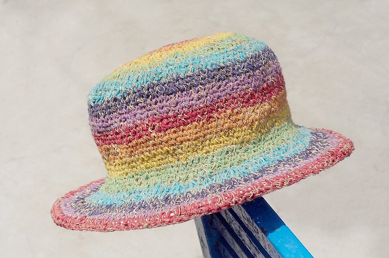 Tanabata gift limited a hand-woven cotton / hat / hat / fisherman hat / sun hat / straw hat - rainbow candy color colorful striped handmade hat - หมวก - ผ้าฝ้าย/ผ้าลินิน หลากหลายสี