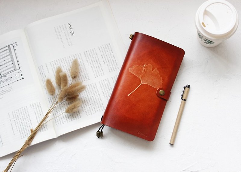 Ru Wei Original Ginkgo biloba hand-stained leather handbook diary TN travel the red-brown 17cm * 10cm (Portable Edition) customized - สมุดบันทึก/สมุดปฏิทิน - หนังแท้ 